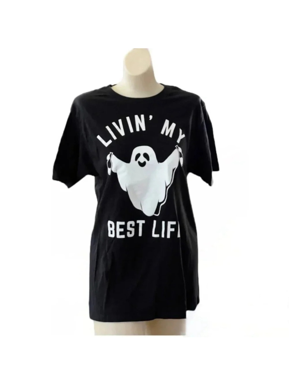 Fifth Sun, Ghost Graphic LIVIN' MY BEST LIFE Black Short Sleeve T-Shirt Size S/M